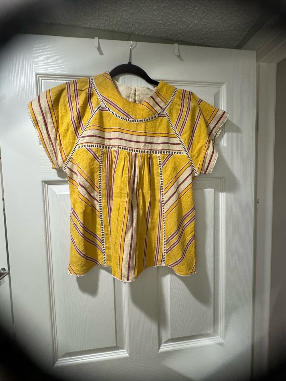 Anthropologie Yellow Striped Peasant Top with Purple and Cream